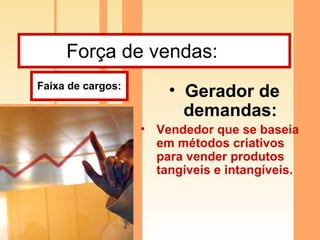 Força de vendas:  Gerador de demandas:   Vendedor que se baseia em métodos criativos para vender produtos tangíveis e intangíveis. Faixa de cargos: 