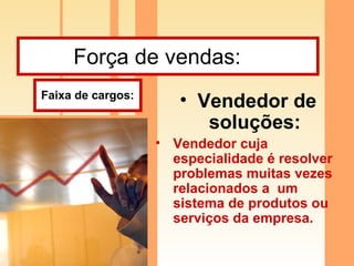 Força de vendas:  Vendedor de soluções:   Vendedor cuja especialidade é resolver problemas muitas vezes relacionados a  um sistema de produtos ou serviços da empresa. Faixa de cargos: 
