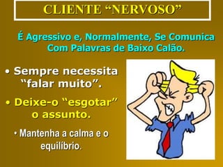 CLIENTE “NERVOSO” 
É Agressivo e, Normalmente, Se Comunica 
Com Palavras de Baixo Calão. 
• Sempre necessita 
“falar muito”. 
• Deixe-o “esgotar” 
o assunto. 
• Mantenha a calma e o 
equilíbrio. 
 