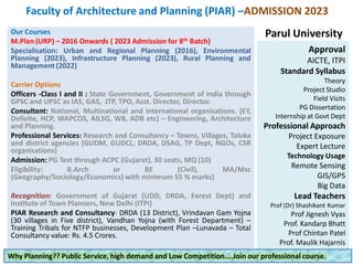 Parul University
Faculty of Architecture and Planning (PIAR) –ADMISSION 2023
Our Courses
M.Plan (URP) – 2016 Onwards ( 2023 Admission for 8th Batch)
Specialisation: Urban and Regional Planning (2016), Environmental
Planning (2023), Infrastructure Planning (2023), Rural Planning and
Management (2022)
Carrier Options
Officers -Class I and II : State Government, Government of India through
GPSC and UPSC as IAS, GAS, JTP, TPO, Asst. Director, Director.
Consultant: National, Multinational and International organisations. (EY,
Delloite, HCP, WAPCOS, AILSG, WB, ADB etc) – Engineering, Architecture
and Planning.
Professional Services: Research and Consultancy – Towns, Villages, Taluka
and district agencies (GUDM, GUDCL, DRDA, DSAG, TP Dept, NGOs, CSR
organisations)
Admission: PG Test through ACPC (Gujarat), 30 seats, MQ (10)
Eligibility: B.Arch or BE (Civil), MA/Msc
(Geography/Sociology/Economics) with minimum 55 % marks)
Recognition: Government of Gujarat (UDD, DRDA, Forest Dept) and
Institute of Town Planners, New Delhi (ITPI)
PIAR Research and Consultancy: DRDA (13 District), Vrindavan Gam Yojna
(30 villages in Five district), Vandhan Yojna (with Forest Department) –
Training Tribals for NTFP businesses, Development Plan –Lunavada – Total
Consultancy value: Rs. 4.5 Crores.
Approval
AICTE, ITPI
Standard Syllabus
Theory
Project Studio
Field Visits
PG Dissertation
Internship at Govt Dept
Professional Approach
Project Exposure
Expert Lecture
Technology Usage
Remote Sensing
GIS/GPS
Big Data
Lead Teachers
Prof (Dr) Shashikant Kumar
Prof Jignesh Vyas
Prof. Kandarp Bhatt
Prof Chintan Patel
Prof. Maulik Hajarnis
Why Planning?? Public Service, high demand and Low Competition....Join our professional course.
 