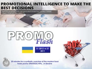 Promo Flash of food retailers in 20’top




                            S1 2012 vs S1
                                2011




20 minutes for a synthetic overview of the modern food
       trade promo STRATEGIC KPIs…in Ukraine
 