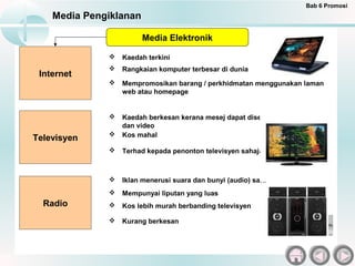 Bab 6 Promosi
    Media Pengiklanan

                        Media Elektronik

                 Kaedah terkini
                 Rangkaian komputer terbesar di dunia
 Internet
                 Mempromosikan barang / perkhidmatan menggunakan laman
                  web atau homepage


                 Kaedah berkesan kerana mesej dapat disebar secara audio
                  dan video
                 Kos mahal
Televisyen
                 Terhad kepada penonton televisyen sahaja



                 Iklan menerusi suara dan bunyi (audio) sahaja
                 Mempunyai liputan yang luas
  Radio          Kos lebih murah berbanding televisyen

                 Kurang berkesan
 