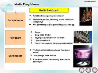 Bab 6 Promosi
    Media Pengiklanan

                               Media Elektronik

                       Amat berkesan pada waktu malam
                       Berbentuk jenama, lambang, nama kedai dan
Lampu Neon
                        sebagainya
                       Kos pemasangan dan penyelenggaraan tinggi


                         2 cara :
                  i.      Sisip kaca (Slide)
 Pawagam          ii.     Tayangan dalam bentuk lakonan
                         Liputannya kecil
                         Hanya merangkumi pengunjung pawagam


                       Terletak di tempat yang tinggi (tumpuan
                        ramai)
Skrin Besar             Liputannya tidak meluas
                       Kos lebih murah berbanding iklan dalam
                        televisyen
 