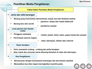 Bab 6 Promosi
  Pemilihan Media Pengiklanan

                  Faktor-faktor Pemilihan Media Pengiklanan

Jenis dan sifat barangan
  Barang yang memerlukan demonstrasi, tunjuk cara dan khidmat nasihat
                           pameran / ekspo dan media elektronik
  Barang baru dan murah
                           pemberian sampel
 Luas pasaran dan liputan
         media
   Pengguna setempat             risalah, poster, belon udara, papan tanda dan sampel.
  Permintaan seluruh negara
                                 radio, televisyen, akhbar atau internet

     Dasar kerajaan

  Perlu mematuhi undang – undang dan polisi kerajaan
  Iklan rokok dan minuman keras dilarang disiarkan di radio dan televisyen.

    Kos Pengiklanan

   Bersesuaian dengan kemampuan kewangan dan peruntukan syarikat
   Memastikan kos iklan dapat meningkatkan kuantiti jualan.
 