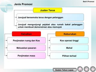 Bab 6 Promosi
 Jenis Promosi

                           Jualan Terus

    Jurujual bersemuka terus dengan pelanggan


    Jurujual mengunjungi pejabat atau rumah bakal pelanggan
    untuk membuat demonstrasi atau memujuk


       Kebaikan                                   Keburukan

Penjimatan ruang dan Kos                      Kos operasi tinggi


   Meluaskan pasaran                                Mahal


    Penjimatan masa                             Pilihan terhad




                                          Soalan Tahun Lepas
 