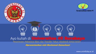 www.univ45sby.ac.id
Ayo kuliah di Universitas 45 Surabaya
Penerimaan Mahasiswa Baru dan Transfer Tahun Akademik 2022/2023
Terakreditasi BAN-PT
Dipresentasikan oleh Mochamad Zamachsari
 