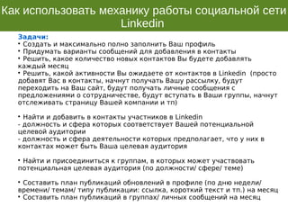 Как использовать механику работы социальной сети
Linkedin
Задачи:

Создать и максимально полно заполнить Ваш профиль

Придумать варианты сообщений для добавления в контакты

Решить, какое количество новых контактов Вы будете добавлять
каждый месяц

Решить, какой активности Вы ожидаете от контактов в Linkedin (просто
добавят Вас в контакты, начнут получать Вашу рассылку, будут
переходить на Ваш сайт, будут получать личные сообщения с
предложениями о сотрудничестве, будут вступать в Ваши группы, начнут
отслеживать страницу Вашей компании и тп)

Найти и добавить в контакты участников в Linkedin
- должность и сфера которых соответствует Вашей потенциальной
целевой аудитории
- должность и сфера деятельности которых предполагает, что у них в
контактах может быть Ваша целевая аудитория

Найти и присоединиться к группам, в которых может участвовать
потенциальная целевая аудитория (по должности/ сфере/ теме)

Составить план публикаций обновлений в профиле (по дню недели/
времени/ темам/ типу публикации: ссылка, короткий текст и тп.) на месяц

Составить план публикаций в группах/ личных сообщений на месяц
 