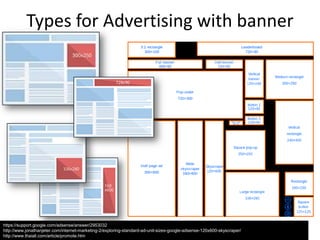 Types for Advertising with banner

https://support.google.com/adsense/answer/2953032
http://www.jonathanjeter.com/internet-marketing-2/exploring-standard-ad-unit-sizes-google-adsense-120x600-skyscraper/
http://www.thaiall.com/article/promote.htm

 
