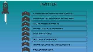 TWITTER
A SIMPLE APPROACH TO EFFECTIVELY USE OF TWITTER.
01
TRACK PROGRESS WITH ANALYTICS
CREATE GRAPHIC PROFILE.
DRIVE TR...