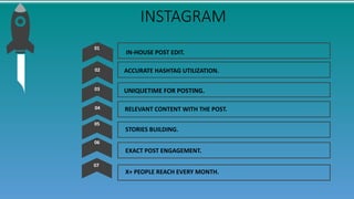 INSTAGRAM
IN-HOUSE POST EDIT.
01
UNIQUETIME FOR POSTING.
STORIES BUILDING.
EXACT POST ENGAGEMENT.
02 ACCURATE HASHTAG UTIL...