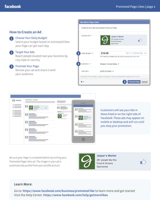 Promoted Page Likes | page 2
How to Create an Ad
Choose Your Daily Budget:
Select your budget based on estimated likes
your Page can get each day.
Target Your Ads:
Reach people located near your business by
city, state or country.
Promote Your Page:
Review your ad and share it with
your audience.
1
12
2
3
3
261 people like this.
Food & Grocery
Sponsored
Customers will see your Ads in
News Feed or on the right side of
Facebook. These ads may appear on
mobile or desktop and will run until
you stop your promotion.
Jasper’s Market
261 people like this.
Food & Grocery
Sponsored
261 people like this.
Food & Grocery
Sponsored
Jasper’s Market
Sponsored
Jasper’s Market
261 people like this.
Food & Grocery
Sponsored
Learn More:
Go to: https://www.facebook.com/business/promoted-like to learn more and get started
Visit the Help Center: https://www.facebook.com/help/getmorelikes
Be sure your Page is complete before launching your
Promoted Page Likes ad. The image in your ad is
automatically pulled from your proﬁle picture.
 