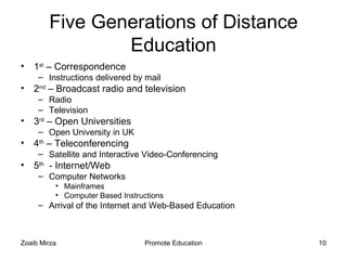 Five Generations of Distance
                Education
•   1st – Correspondence
     – Instructions delivered by mail
•   2nd – Broadcast radio and television
     – Radio
     – Television
•   3rd – Open Universities
     – Open University in UK
•   4th – Teleconferencing
     – Satellite and Interactive Video-Conferencing
•   5th - Internet/Web
     – Computer Networks
          • Mainframes
          • Computer Based Instructions
     – Arrival of the Internet and Web-Based Education



Zoaib Mirza                      Promote Education       10
 