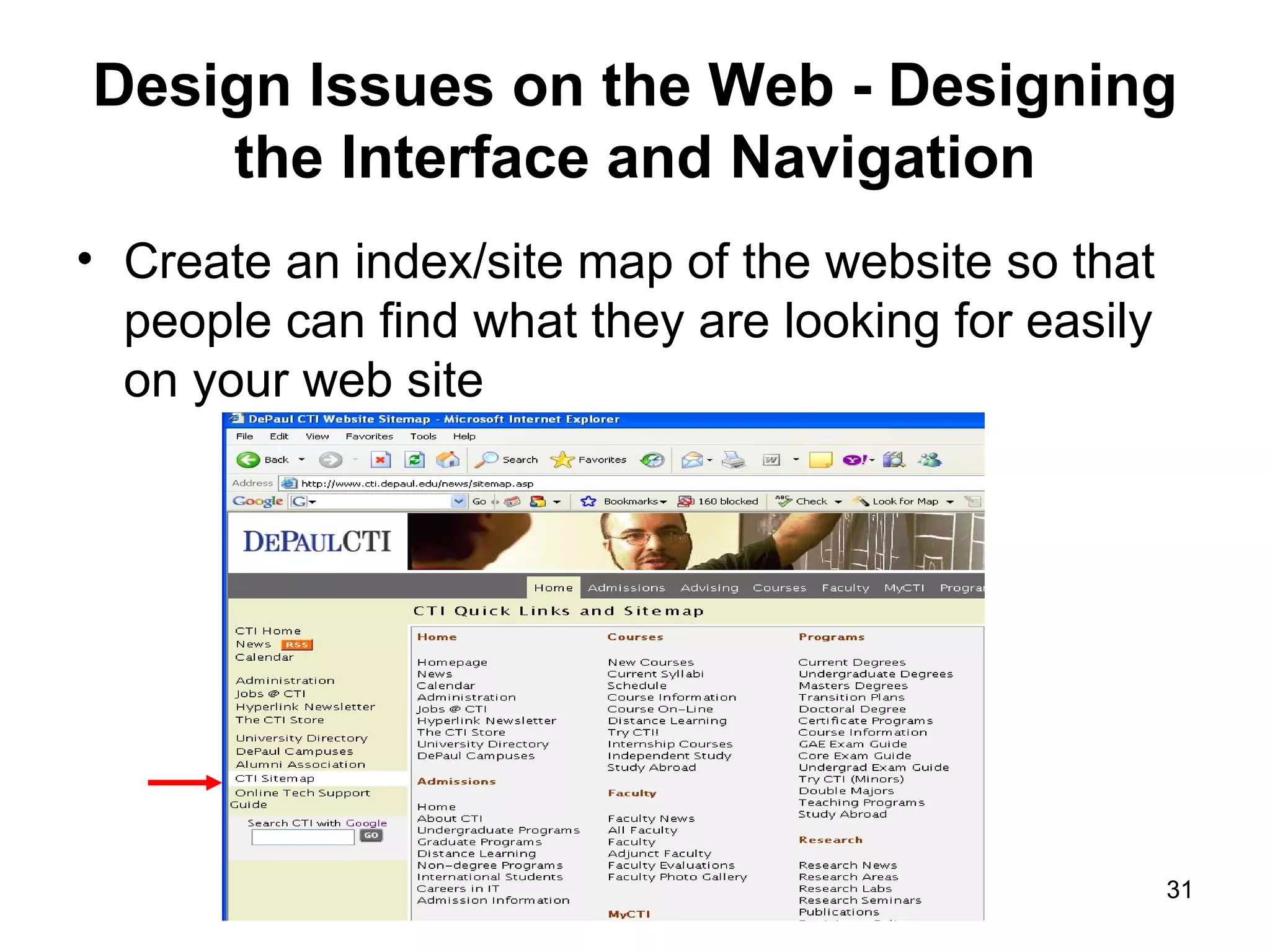 Design Issues on the Web - Designing the Interface and Navigation Create an index/site map of the website so that people can find what they are looking for easily on your web site 