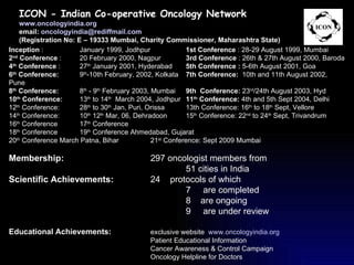 Inception  :  January 1999, Jodhpur 1st Conference  : 28-29 August 1999, Mumbai 2 nd  Conference  :  20 February 2000, Nagpur 3rd Conference  : 26th & 27th August 2000, Baroda 4 th  Conference  :  27 th  January 2001, Hyderabad 5th Conference :  5-6th August 2001, Goa 6 th  Conference:   9 th -10th February, 2002, Kolkata 7th Conference:   10th and 11th August 2002, Pune 8 th  Conference:  8 th  - 9 th  February 2003, Mumbai 9th  Conference:  23 rd /24th August 2003, Hyd 10 th  Conference:  13 th  to 14 th   March 2004, Jodhpur   11 th  Conference :  4th and 5th Sept 2004, Delhi 12 th  Conference: 28 th  to 30 th  Jan, Puri, Orissa 13th Conference: 16 th  to 18 th  Sept, Vellore  14 th  Conference:  10 th  12 th  Mar, 06, Dehradoon 15 th  Conference: 22 nd  to 24 th  Sept, Trivandrum 16 th  Conference 17 th  Conference 18 th  Conference 19 th  Conference Ahmedabad, Gujarat 20 th  Conference March Patna, Bihar 21 st  Conference: Sept 2009 Mumbai Membership: 297 oncologist members from   51 cities in India  Scientific Achievements: 24  protocols of which 7  are completed 8  are ongoing 9  are under review Educational Achievements: exclusive website  www.oncologyindia.org Patient Educational Information Cancer Awareness & Control Campaign Oncology Helpline for Doctors ICON - Indian Co-operative Oncology Network www.oncologyindia.org   email:  [email_address] (Registration No: E – 19333 Mumbai, Charity Commissioner, Maharashtra State) 