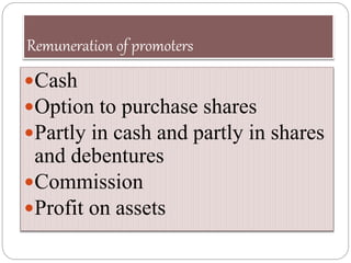 Remuneration of promoters
Cash
Option to purchase shares
Partly in cash and partly in shares
and debentures
Commission...