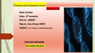Promoters usedin ExpressionVectors
Presented By
Nasir ul islam
Class : 6th semester
Roll no : 180847
Reg no. :Cus-18-spc-10074
Subject : Lab Techniques in Applied Biotechnology
TEACHER INCHARGE
DR SADIQ MAJEED
 