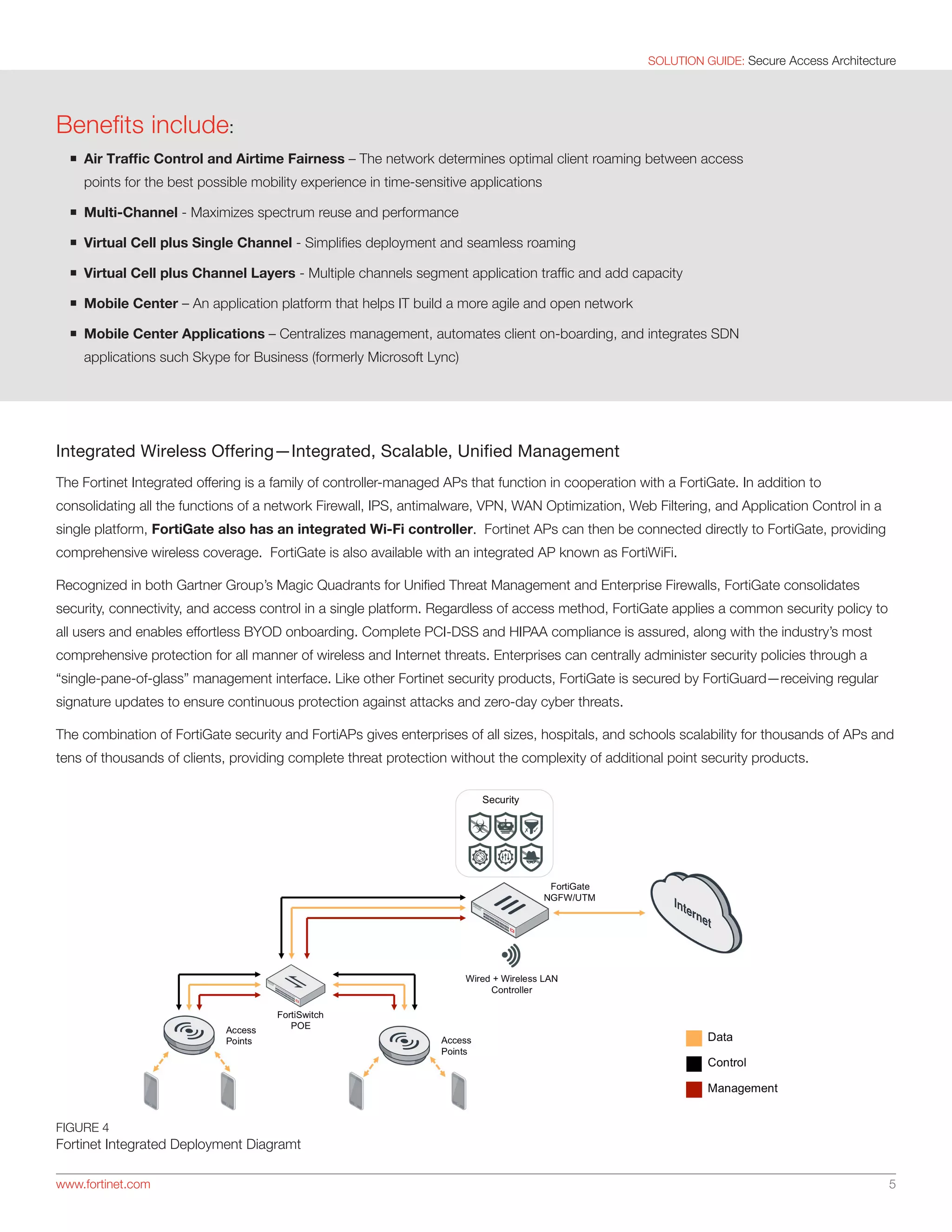 SOLUTION GUIDE: Secure Access Architecture
www.fortinet.com 	 5
Integrated Wireless Offering—Integrated, Scalable, Unified Management
The Fortinet Integrated offering is a family of controller-managed APs that function in cooperation with a FortiGate. In addition to
consolidating all the functions of a network Firewall, IPS, antimalware, VPN, WAN Optimization, Web Filtering, and Application Control in a
single platform, FortiGate also has an integrated Wi-Fi controller. Fortinet APs can then be connected directly to FortiGate, providing
comprehensive wireless coverage. FortiGate is also available with an integrated AP known as FortiWiFi.
Recognized in both Gartner Group’s Magic Quadrants for Unified Threat Management and Enterprise Firewalls, FortiGate consolidates
security, connectivity, and access control in a single platform. Regardless of access method, FortiGate applies a common security policy to
all users and enables effortless BYOD onboarding. Complete PCI-DSS and HIPAA compliance is assured, along with the industry’s most
comprehensive protection for all manner of wireless and Internet threats. Enterprises can centrally administer security policies through a
“single-pane-of-glass” management interface. Like other Fortinet security products, FortiGate is secured by FortiGuard—receiving regular
signature updates to ensure continuous protection against attacks and zero-day cyber threats.
The combination of FortiGate security and FortiAPs gives enterprises of all sizes, hospitals, and schools scalability for thousands of APs and
tens of thousands of clients, providing complete threat protection without the complexity of additional point security products.
Benefits include:
nn Air Traffic Control and Airtime Fairness – The network determines optimal client roaming between access
points for the best possible mobility experience in time-sensitive applications
nn Multi-Channel - Maximizes spectrum reuse and performance
nn Virtual Cell plus Single Channel - Simplifies deployment and seamless roaming
nn Virtual Cell plus Channel Layers - Multiple channels segment application traffic and add capacity
nn Mobile Center – An application platform that helps IT build a more agile and open network
nn Mobile Center Applications – Centralizes management, automates client on-boarding, and integrates SDN
applications such Skype for Business (formerly Microsoft Lync)
FIGURE 4
Fortinet Integrated Deployment Diagramt
 