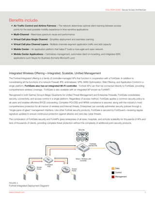 SOLUTION GUIDE: Secure Access Architecture
www.fortinet.com 	 5
Integrated Wireless Offering—Integrated, Scalable, Unified Management
The Fortinet Integrated offering is a family of controller-managed APs that function in cooperation with a FortiGate. In addition to
consolidating all the functions of a network Firewall, IPS, antimalware, VPN, WAN Optimization, Web Filtering, and Application Control in a
single platform, FortiGate also has an integrated Wi-Fi controller. Fortinet APs can then be connected directly to FortiGate, providing
comprehensive wireless coverage. FortiGate is also available with an integrated AP known as FortiWiFi.
Recognized in both Gartner Group’s Magic Quadrants for Unified Threat Management and Enterprise Firewalls, FortiGate consolidates
security, connectivity, and access control in a single platform. Regardless of access method, FortiGate applies a common security policy to
all users and enables effortless BYOD onboarding. Complete PCI-DSS and HIPAA compliance is assured, along with the industry’s most
comprehensive protection for all manner of wireless and Internet threats. Enterprises can centrally administer security policies through a
“single-pane-of-glass” management interface. Like other Fortinet security products, FortiGate is secured by FortiGuard—receiving regular
signature updates to ensure continuous protection against attacks and zero-day cyber threats.
The combination of FortiGate security and FortiAPs gives enterprises of all sizes, hospitals, and schools scalability for thousands of APs and
tens of thousands of clients, providing complete threat protection without the complexity of additional point security products.
Benefits include:
nn Air Traffic Control and Airtime Fairness – The network determines optimal client roaming between access
points for the best possible mobility experience in time-sensitive applications
nn Multi-Channel - Maximizes spectrum reuse and performance
nn Virtual Cell plus Single Channel - Simplifies deployment and seamless roaming
nn Virtual Cell plus Channel Layers - Multiple channels segment application traffic and add capacity
nn Mobile Center – An application platform that helps IT build a more agile and open network
nn Mobile Center Applications – Centralizes management, automates client on-boarding, and integrates SDN
applications such Skype for Business (formerly Microsoft Lync)
FIGURE 4
Fortinet Integrated Deployment Diagramt
 