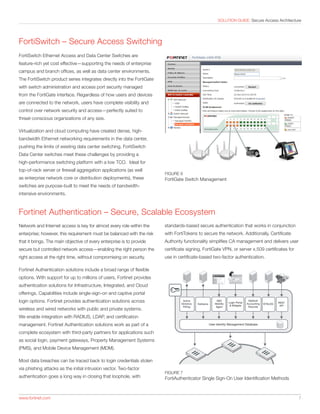 www.fortinet.com 	 7
SOLUTION GUIDE: Secure Access Architecture
FortiSwitch Ethernet Access and Data Center Switches are
feature-rich yet cost effective—supporting the needs of enterprise
campus and branch offices, as well as data center environments.
The FortiSwitch product series integrates directly into the FortiGate
with switch administration and access port security managed
from the FortiGate interface. Regardless of how users and devices
are connected to the network, users have complete visibility and
control over network security and access—perfectly suited to
threat-conscious organizations of any size.
Virtualization and cloud computing have created dense, high-
bandwidth Ethernet networking requirements in the data center,
pushing the limits of existing data center switching. FortiSwitch
Data Center switches meet these challenges by providing a
high-performance switching platform with a low TCO. Ideal for
top-of-rack server or firewall aggregation applications (as well
as enterprise network core or distribution deployments), these
switches are purpose-built to meet the needs of bandwidth-
intensive environments.
Fortinet Authentication – Secure, Scalable Ecosystem
Network and Internet access is key for almost every role within the
enterprise; however, this requirement must be balanced with the risk
that it brings. The main objective of every enterprise is to provide
secure but controlled network access—enabling the right person the
right access at the right time, without compromising on security.
Fortinet Authentication solutions include a broad range of flexible
options. With support for up to millions of users, Fortinet provides
authentication solutions for Infrastructure, Integrated, and Cloud
offerings. Capabilities include single-sign-on and captive portal
login options. Fortinet provides authentication solutions across
wireless and wired networks with public and private systems.
We enable integration with RADIUS, LDAP, and certification
management. Fortinet Authentication solutions work as part of a
complete ecosystem with third-party partners for applications such
as social login, payment gateways, Property Management Systems
(PMS), and Mobile Device Management (MDM).
Most data breaches can be traced back to login credentials stolen
via phishing attacks as the initial intrusion vector. Two-factor
authentication goes a long way in closing that loophole, with
standards-based secure authentication that works in conjunction
with FortiTokens to secure the network. Additionally, Certificate
Authority functionality simplifies CA management and delivers user
certificate signing, FortiGate VPN, or server x.509 certificates for
use in certificate-based two-factor authentication.
FIGURE 6
FortiGate Switch Management
FIGURE 7
FortiAuthenticator Single Sign-On User Identification Methods
FortiSwitch – Secure Access Switching
RADIUS
Accounting
Records
Active
Directory
Poling
SSO
Mobility
Agent
Login Portal
& Widgets
User Identity Management Database
Kerberos SYSLOG
REST
API
 