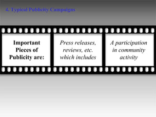 4. Typical Publicity Campaigns Press releases, reviews, etc. which includes A participation in community activity Importan...