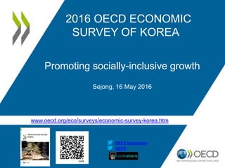 www.oecd.org/eco/surveys/economic-survey-korea.htm
OECD
OECD Economics
2016 OECD ECONOMIC
SURVEY OF KOREA
Promoting socially-inclusive growth
Sejong, 16 May 2016
 