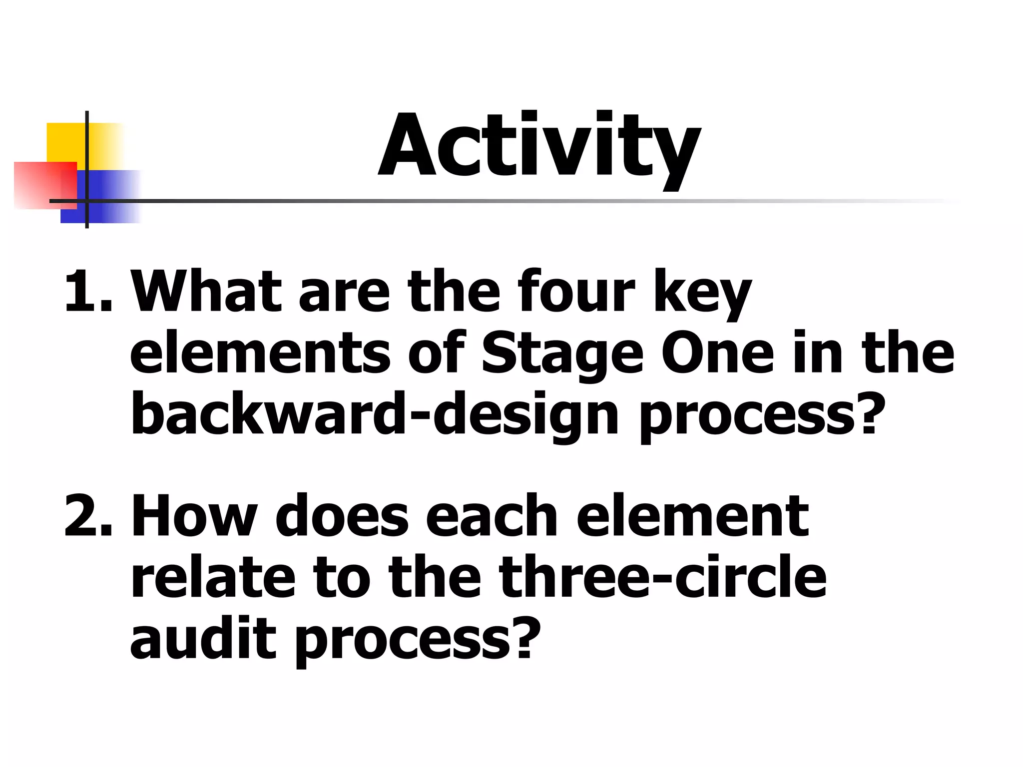 Activity  1. What are the four key elements of Stage One in the backward-design process? 2. How does each element relate to the three-circle audit process? 