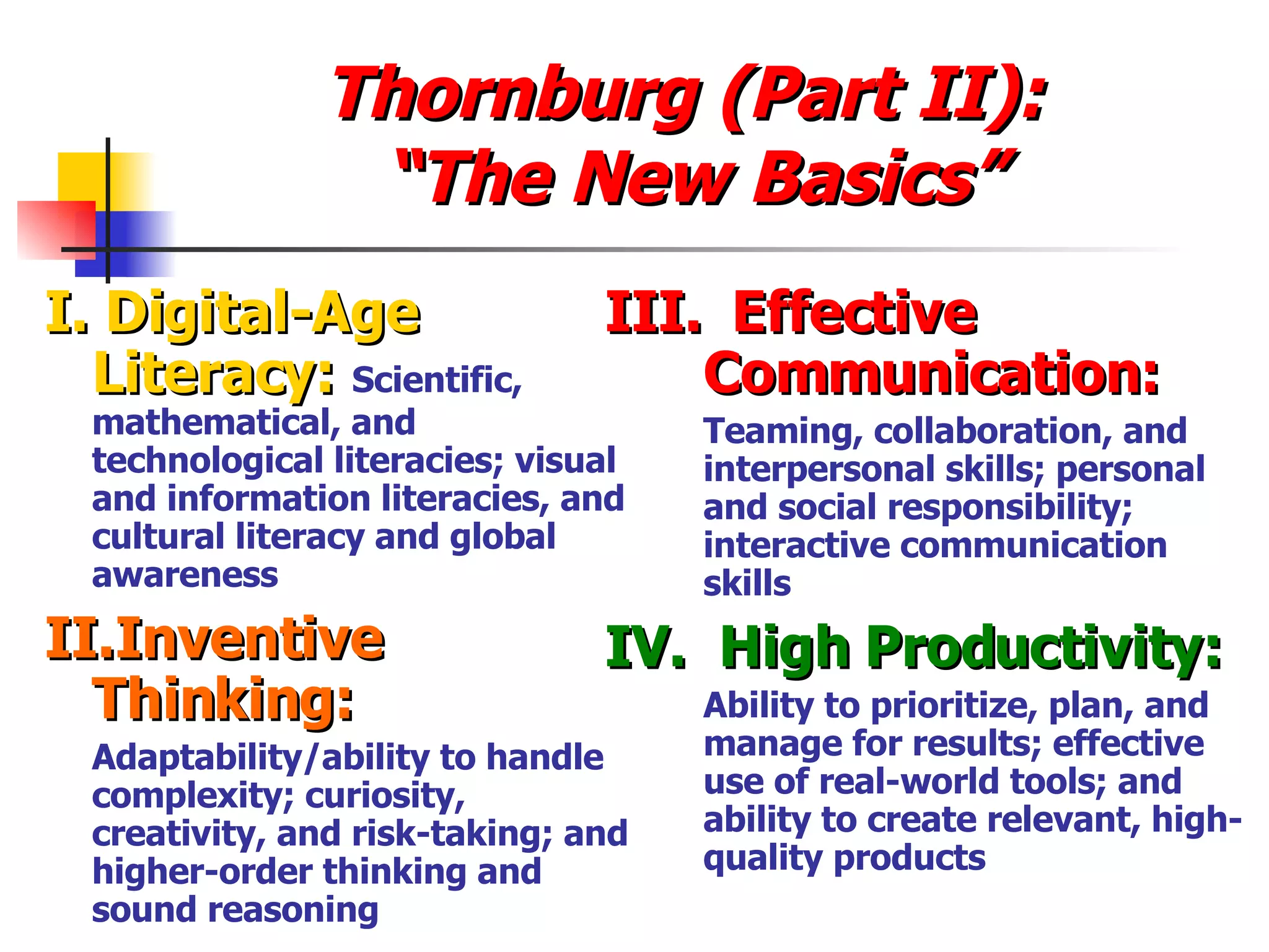 Thornburg (Part II):  “The New Basics” I. Digital-Age Literacy:   Scientific, mathematical, and technological literacies; visual and information literacies, and cultural literacy and global awareness II.Inventive Thinking: Adaptability/ability to handle complexity; curiosity, creativity, and risk-taking; and higher-order thinking and sound reasoning III.  Effective Communication: Teaming, collaboration, and interpersonal skills; personal and social responsibility; interactive communication skills IV.  High Productivity: Ability to prioritize, plan, and manage for results; effective use of real-world tools; and ability to create relevant, high-quality products 