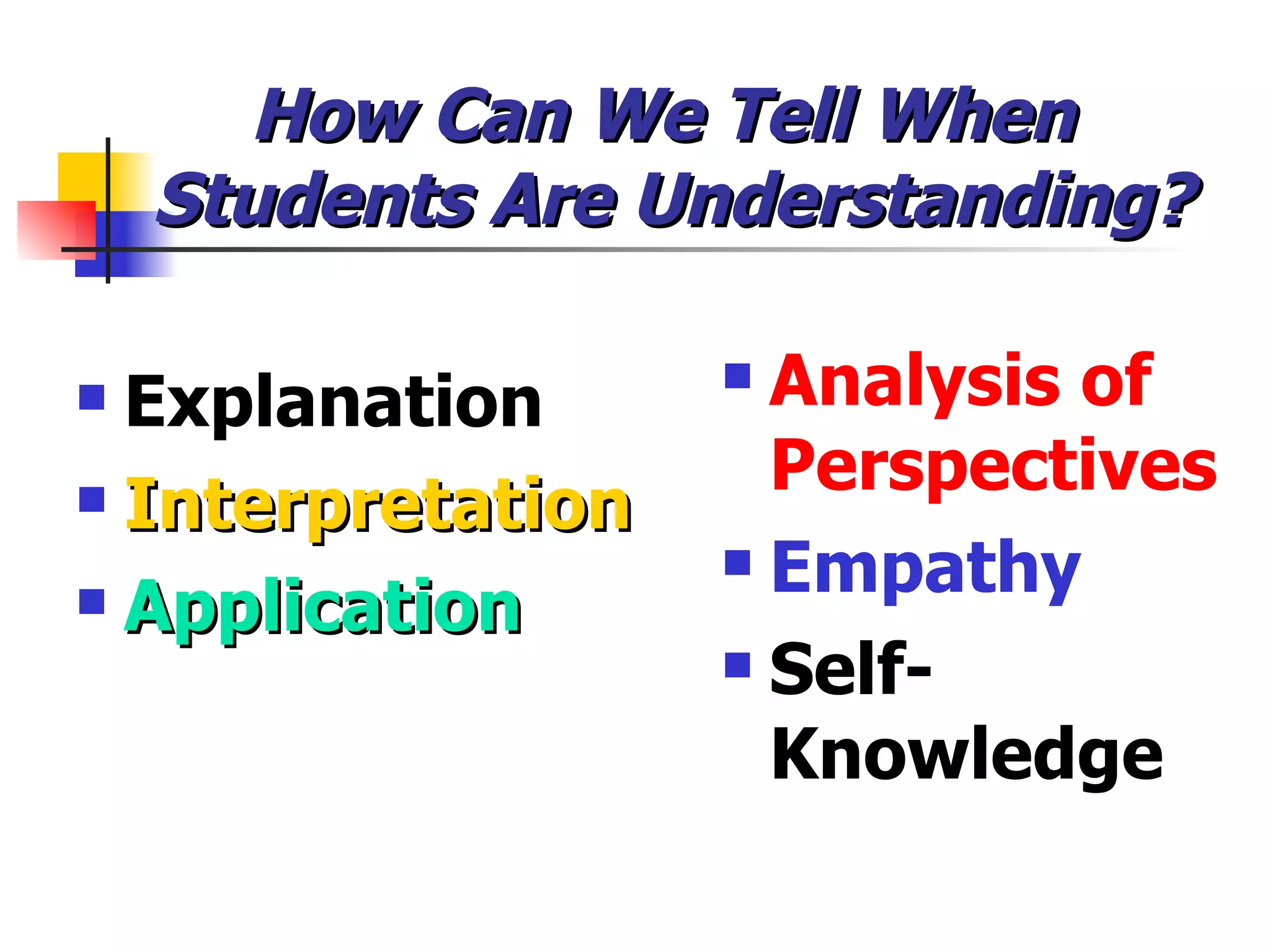 How Can We Tell When  Students Are Understanding? Explanation Interpretation Application Analysis of Perspectives Empathy Self-Knowledge 