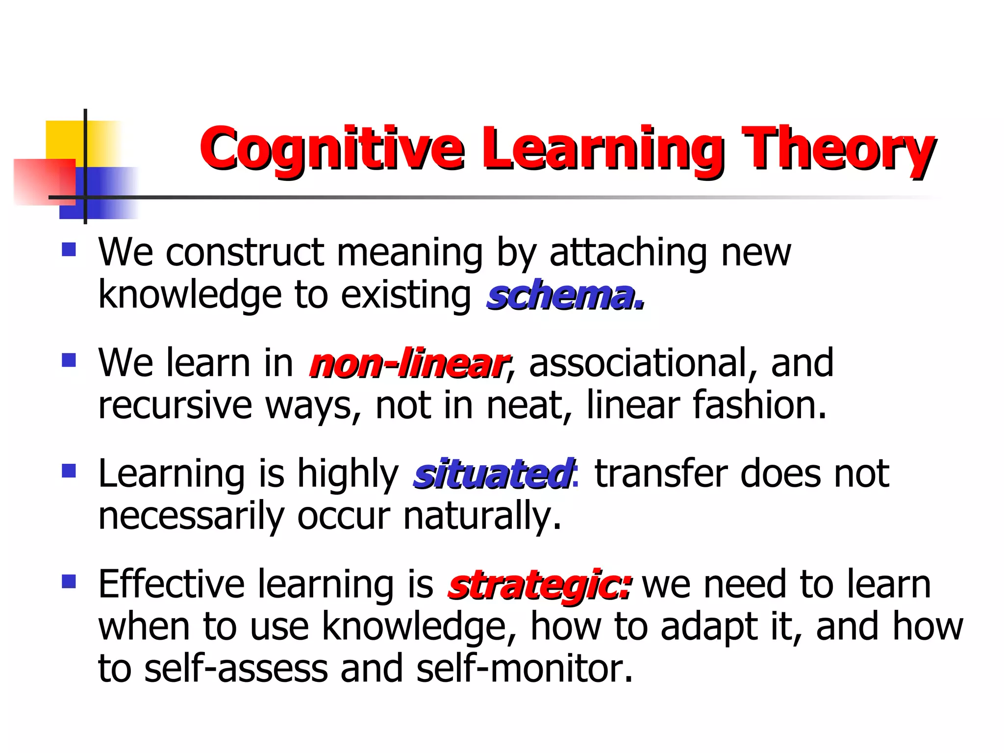 Cognitive Learning Theory   We construct meaning by attaching new  knowledge to existing  schema. We learn in  non-linear , associational, and recursive ways, not in neat, linear fashion. Learning is highly  situated :  transfer does not necessarily occur naturally. Effective learning is  strategic:  we need to learn when to use knowledge, how to adapt it, and how to self-assess and self-monitor. 