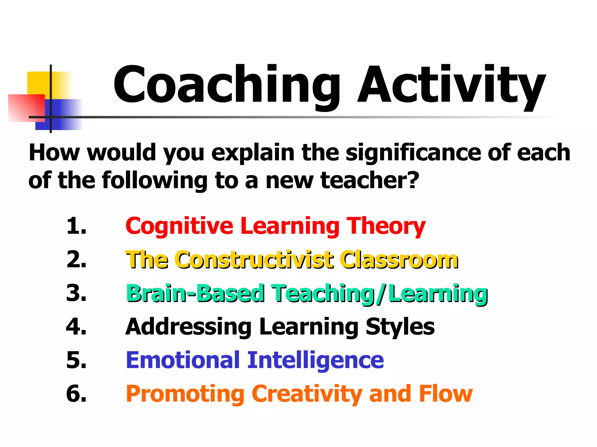 Coaching Activity How would you explain the significance of each of the following to a new teacher? 1. Cognitive Learning Theory 2. The Constructivist Classroom 3. Brain-Based Teaching/Learning 4. Addressing Learning Styles 5. Emotional Intelligence 6. Promoting Creativity and Flow 