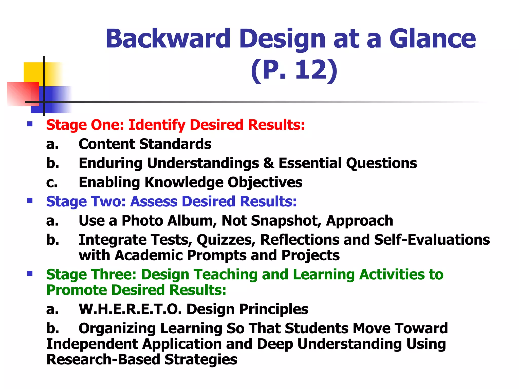 Backward Design at a Glance  (P. 12) Stage One: Identify Desired Results: a.  Content Standards b. Enduring Understandings & Essential Questions c. Enabling Knowledge Objectives Stage Two: Assess Desired Results: a. Use a Photo Album, Not Snapshot, Approach b. Integrate Tests, Quizzes, Reflections and Self-Evaluations  with Academic Prompts and Projects Stage Three: Design Teaching and Learning Activities to Promote Desired Results: a. W.H.E.R.E.T.O. Design Principles b. Organizing Learning So That Students Move Toward  Independent Application and Deep Understanding Using  Research-Based Strategies 