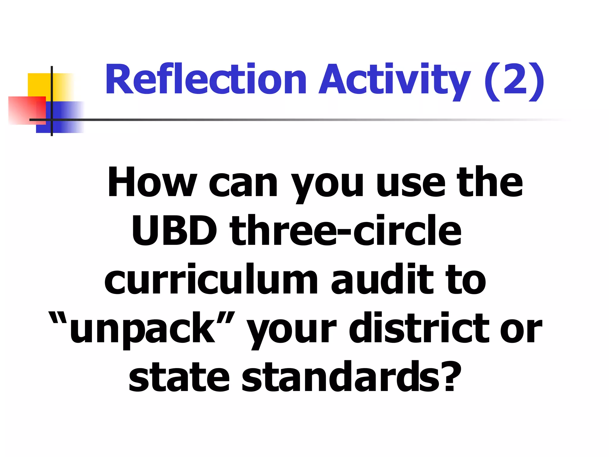 Reflection Activity (2)   How can you use the UBD three-circle curriculum audit to “unpack” your district or state standards? 