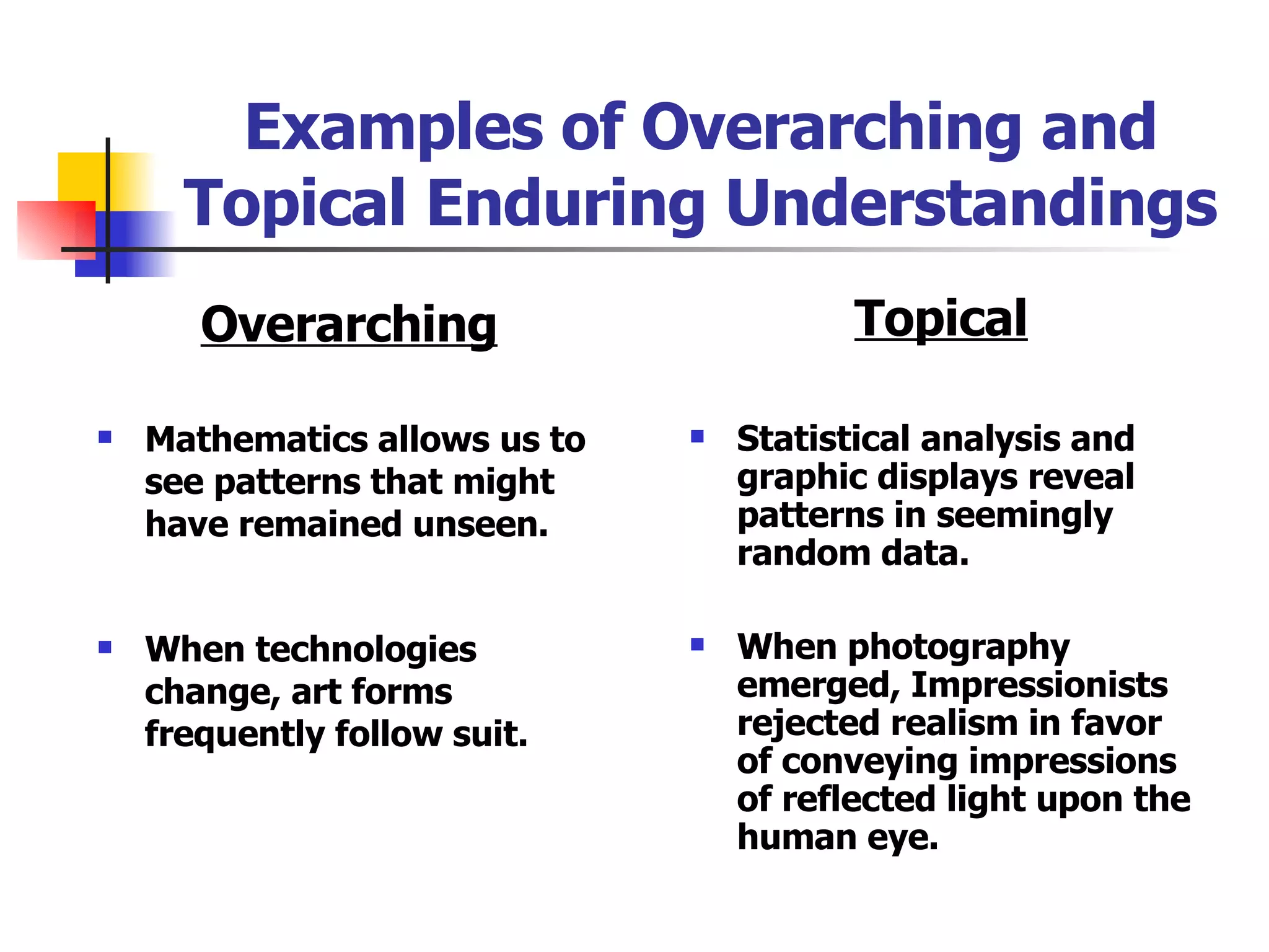 Examples of Overarching and Topical Enduring Understandings Overarching Mathematics allows us to see patterns that might have remained unseen. When technologies change, art forms frequently follow suit. Topical Statistical analysis and graphic displays reveal patterns in seemingly random data. When photography emerged, Impressionists rejected realism in favor of conveying impressions of reflected light upon the human eye.   