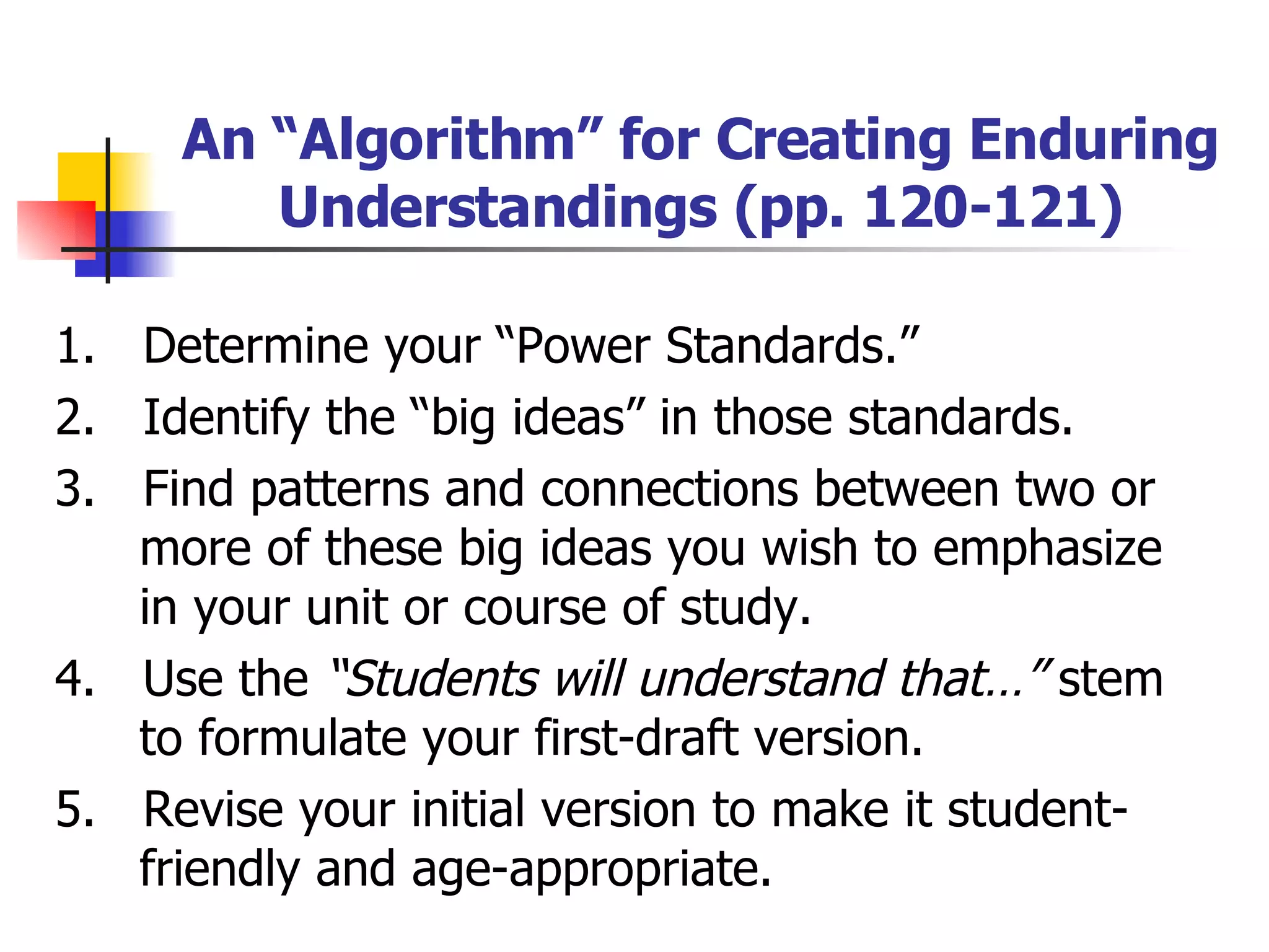 An “Algorithm” for Creating Enduring Understandings (pp. 120-121) 1.  Determine your “Power Standards.”  2.  Identify the “big ideas” in those standards. 3.  Find patterns and connections between two or more of these big ideas you wish to emphasize in your unit or course of study. 4.  Use the  “Students will understand that…”  stem to formulate your first-draft version. 5.  Revise your initial version to make it student-friendly and age-appropriate.  