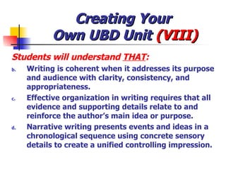 Creating Your  Own UBD Unit  (VIII) <ul><li>Students will understand  THAT : </li></ul><ul><li>Writing is coherent when it...
