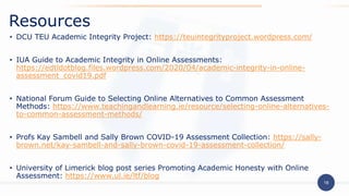 18
• DCU TEU Academic Integrity Project: https://teuintegrityproject.wordpress.com/
• IUA Guide to Academic Integrity in Online Assessments:
https://edtldotblog.files.wordpress.com/2020/04/academic-integrity-in-online-
assessment_covid19.pdf
• National Forum Guide to Selecting Online Alternatives to Common Assessment
Methods: https://www.teachingandlearning.ie/resource/selecting-online-alternatives-
to-common-assessment-methods/
• Profs Kay Sambell and Sally Brown COVID-19 Assessment Collection: https://sally-
brown.net/kay-sambell-and-sally-brown-covid-19-assessment-collection/
• University of Limerick blog post series Promoting Academic Honesty with Online
Assessment: https://www.ul.ie/ltf/blog
Resources
 