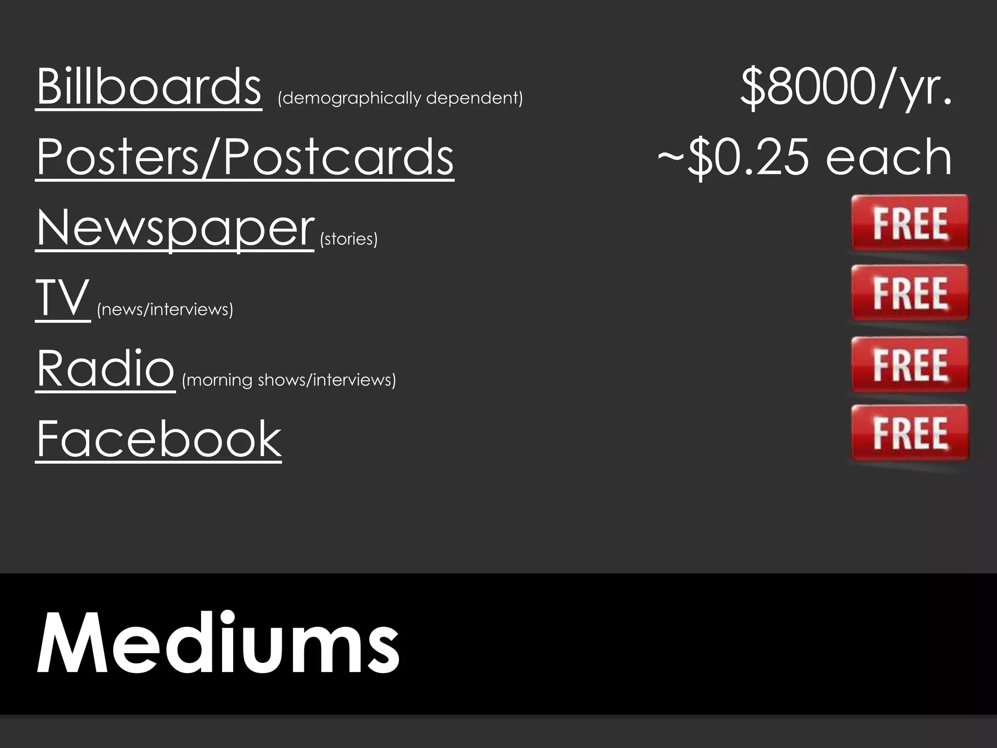 Mediums
Posters/Postcards
Newspaper(stories)
~$0.25 each
$8000/yr.Billboards (demographically dependent)
TV(news/interviews)
Radio(morning shows/interviews)
Facebook
 