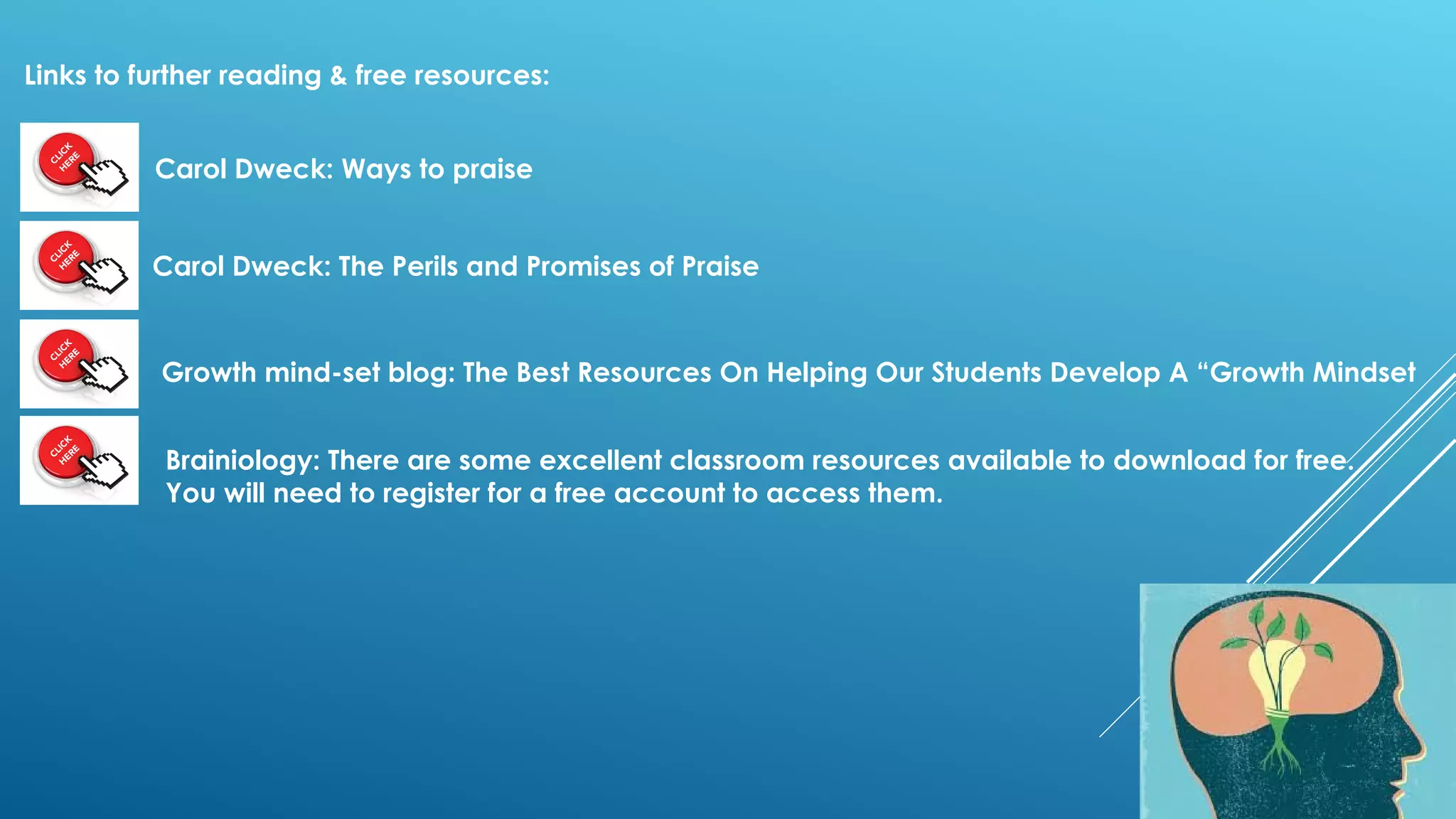 Links to further reading & free resources:
Carol Dweck: Ways to praise
Carol Dweck: The Perils and Promises of Praise
Growth mind-set blog: The Best Resources On Helping Our Students Develop A “Growth Mindset
Brainiology: There are some excellent classroom resources available to download for free.
You will need to register for a free account to access them.
 