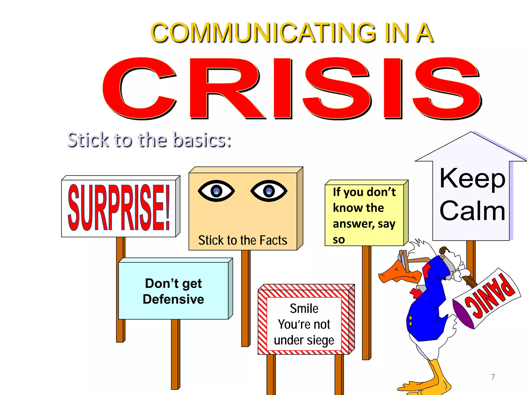 If you don’t
know the
answer, say
so
COMMUNICATING IN A
Stick to the basics:
Don’t get
Defensive
Stick to the Facts
Smile
You’re not
under siege
7
 