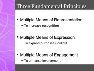 Three Fundamental Principles
 Multiple Means of Representation
– To increase recognition
 Multiple Means of Expression
– To expand purposeful output
 Multiple Means of Engagement
– To enhance involvement
 