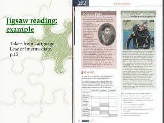 Jigsaw reading:
example
 Taken from Language
 Leader Intermediate,
 p.15
 