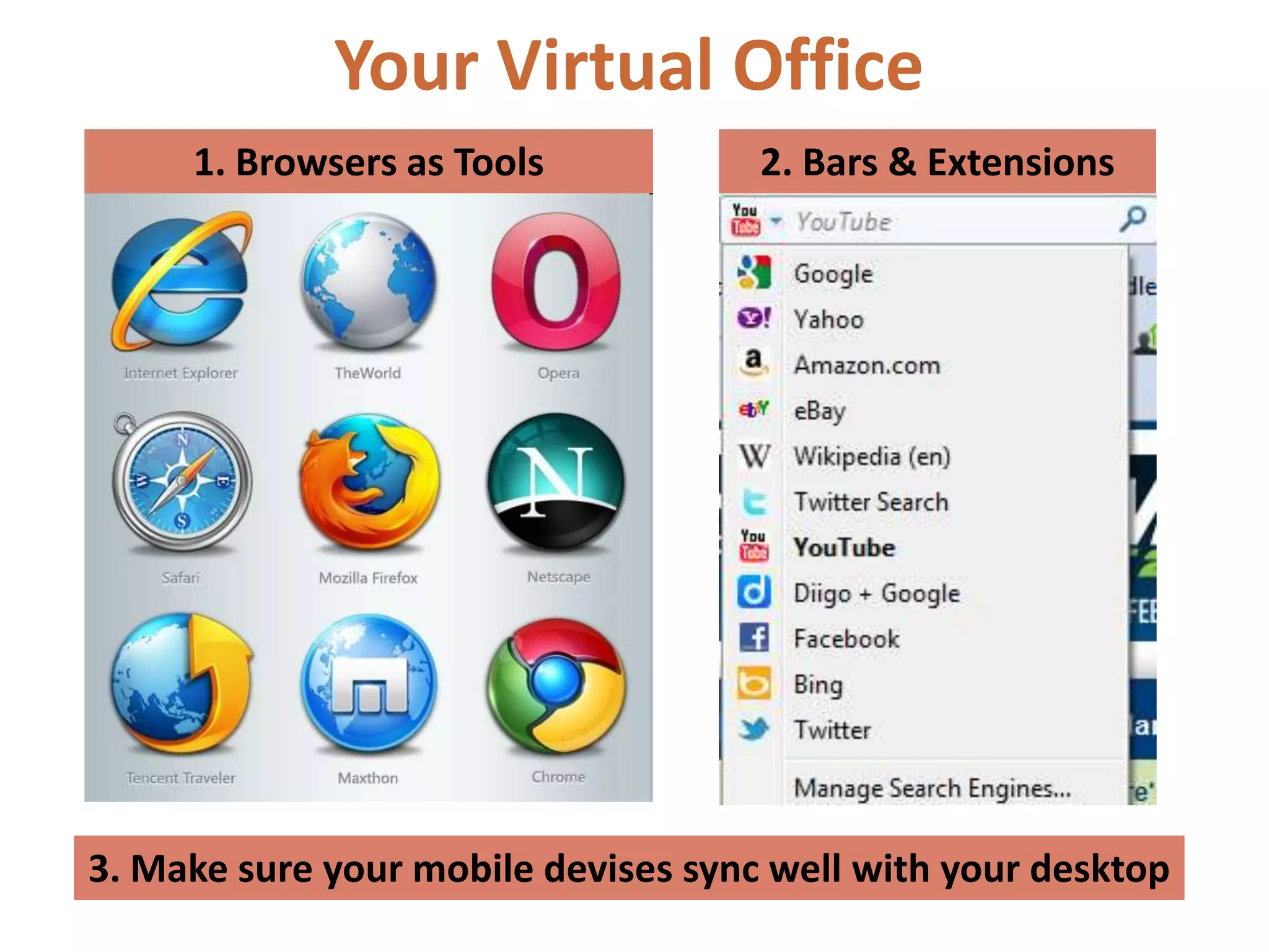 Your Virtual Office
     1. Browsers as Tools            2. Bars & Extensions




3. Make sure your mobile devises sync well with your desktop
 
