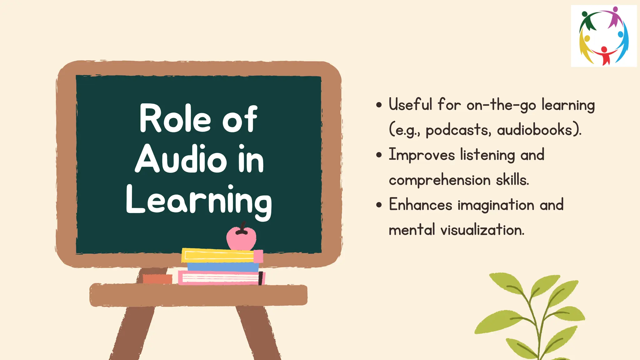 Useful for on-the-go learning
(e.g., podcasts, audiobooks).
Improves listening and
comprehension skills.
Enhances imagination and
mental visualization.
Role of
Audio in
Learning
 