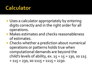  Uses a calculator appropriately by entering
digits correctly and in the right order for all
operations.
 Makes estimates and checks reasonableness
of estimates.
 Checks whether a prediction about numerical
operations or patterns holds true when
computational demands are beyond the
child’s levels of ability, ex. 15 + 15 = 130, so 115
+ 115 = 230, so 1115 + 1115 = 2230.
 