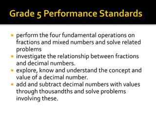  perform the four fundamental operations on
fractions and mixed numbers and solve related
problems
 investigate the relationship between fractions
and decimal numbers.
 explore, know and understand the concept and
value of a decimal number.
 add and subtract decimal numbers with values
through thousandths and solve problems
involving these.
 