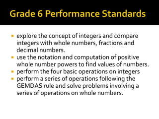  explore the concept of integers and compare
integers with whole numbers, fractions and
decimal numbers.
 use the notation and computation of positive
whole number powers to find values of numbers.
 perform the four basic operations on integers
 perform a series of operations following the
GEMDAS rule and solve problems involving a
series of operations on whole numbers.
 