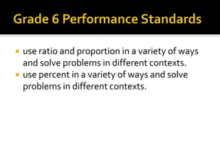  use ratio and proportion in a variety of ways
and solve problems in different contexts.
 use percent in a variety of ways and solve
problems in different contexts.
 