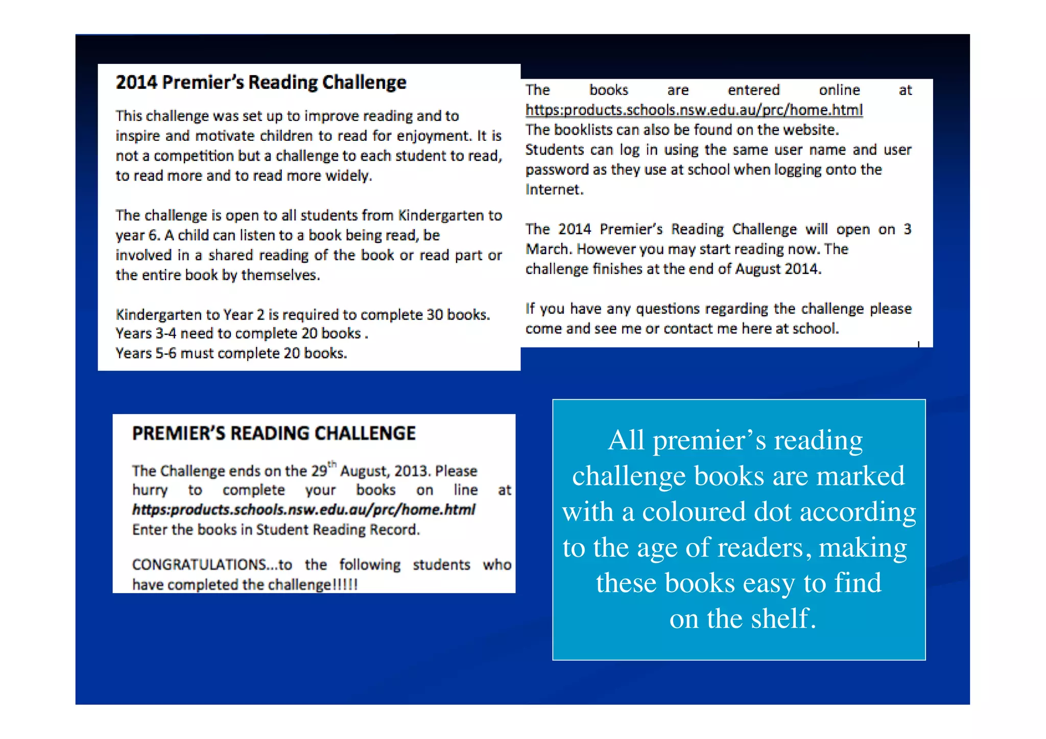 All premier’s reading
challenge books are marked
with a coloured dot according
to the age of readers, making
these books easy to find
on the shelf.