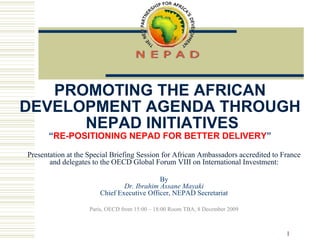 PROMOTING THE AFRICAN
DEVELOPMENT AGENDA THROUGH
NEPAD INITIATIVES
“RE-POSITIONING NEPAD FOR BETTER DELIVERY”
Presentation at the Special Briefing Session for African Ambassadors accredited to France
and delegates to the OECD Global Forum VIII on International Investment:
By
Dr. Ibrahim Assane Mayaki
Chief Executive Officer, NEPAD Secretariat
Paris, OECD from 15:00 – 18:00 Room TBA, 8 December 2009
1
 