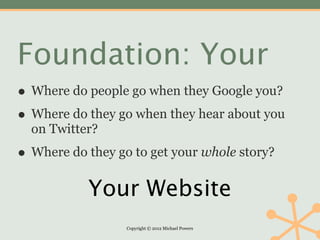 Foundation: Your
• Where do people go when they Google you?
• Where do they go when they hear about you
  on Twitter?

• Where do they go to get your whole story?
           Your Website
                  Copyright © 2012 Michael Powers
 